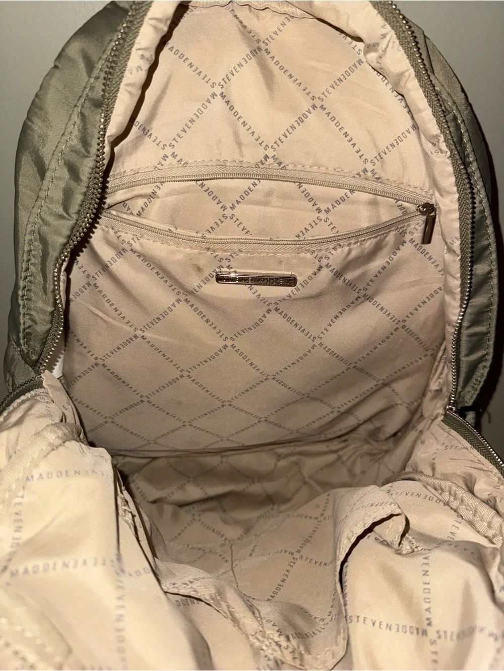 Steve Madden Light Beige Nylon Backpack with Front Zip Pockets